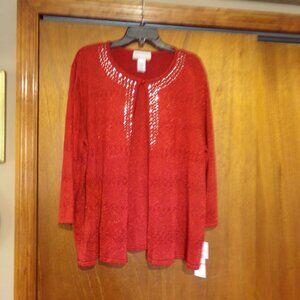 Nwt Women's Alfred Dunner Red Sparkle 3/4 Sleeve 2 in 1 Look Top - 2X